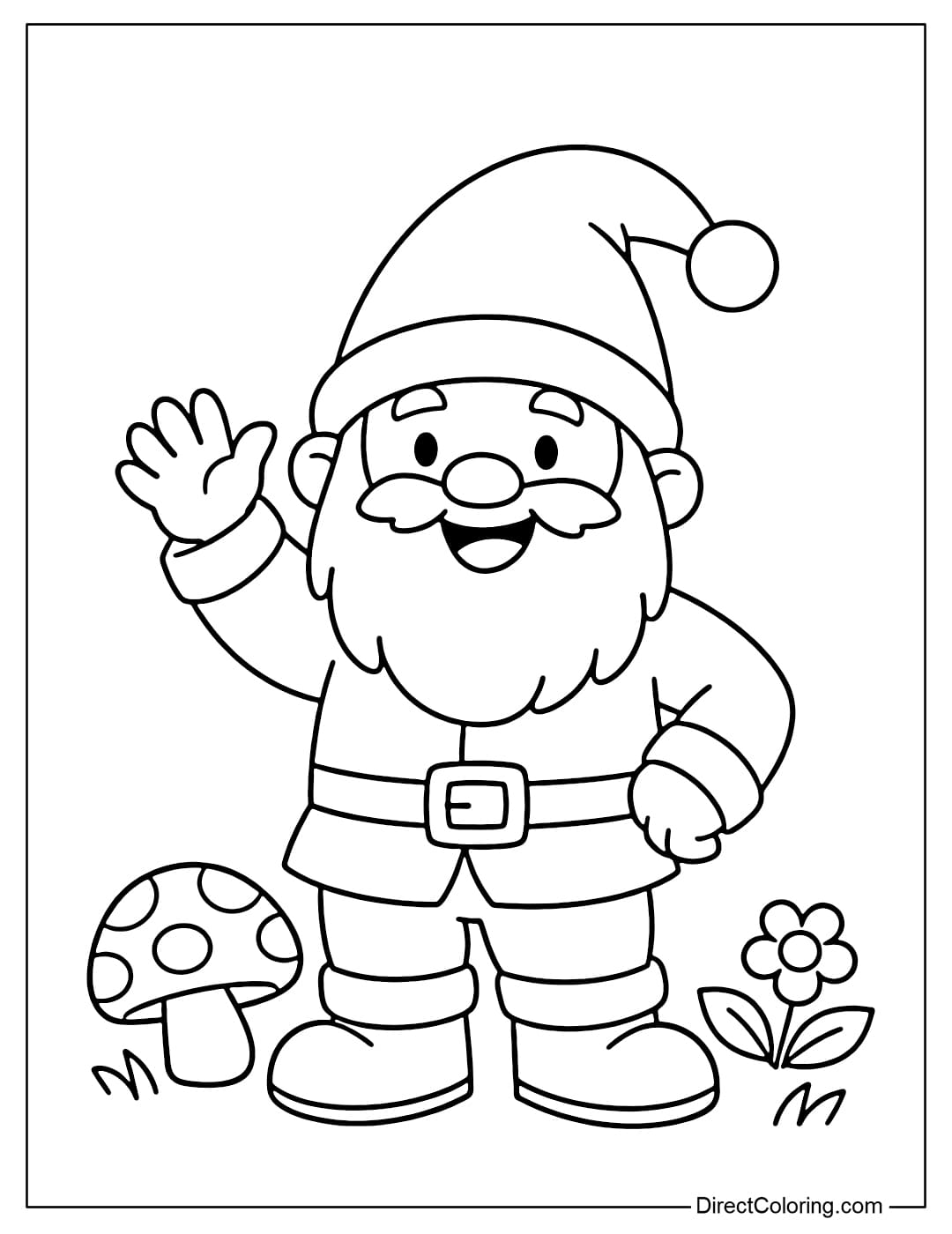 Coloring page of a happy gnome waving its hand with a joyful expression.