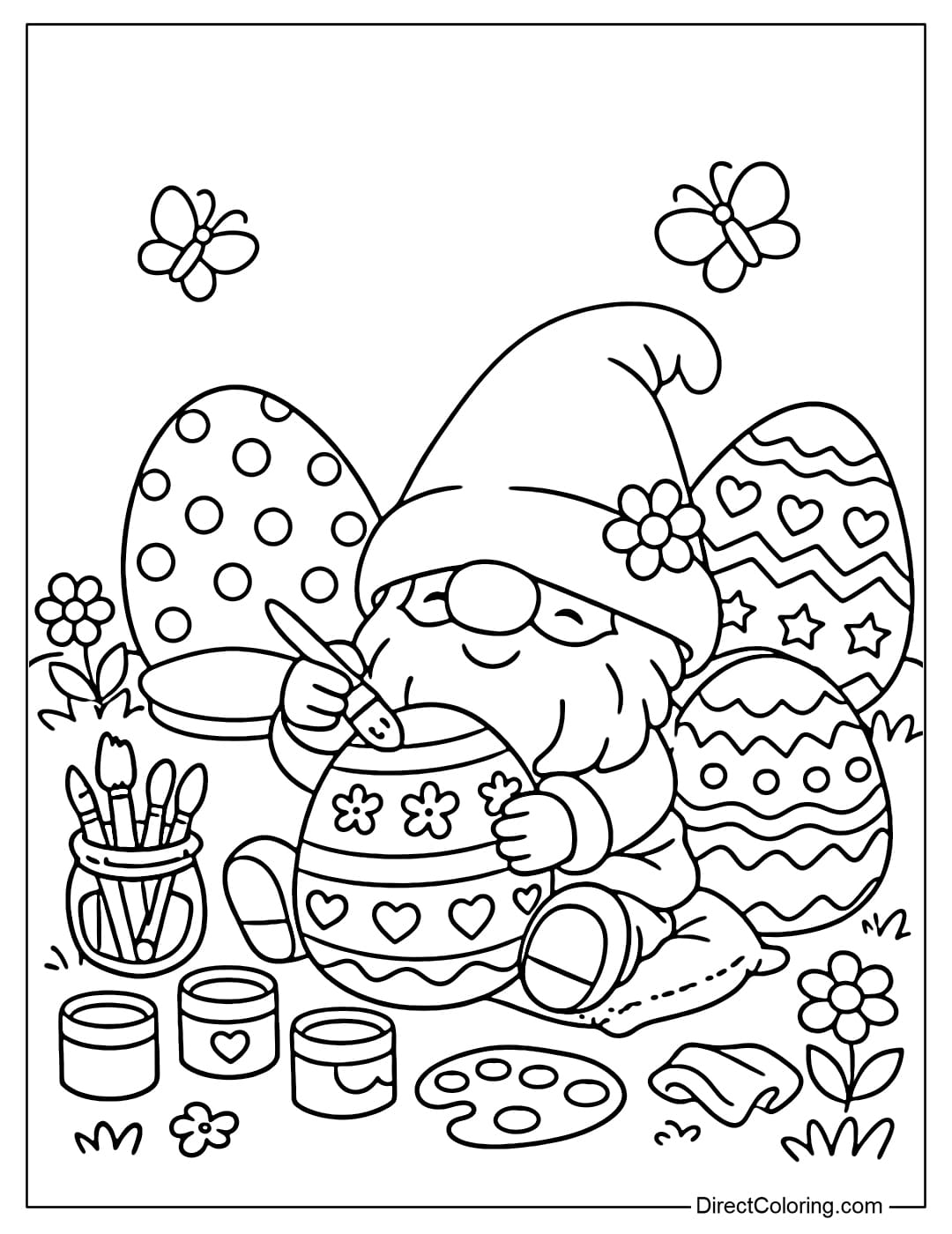 A coloring page of a gnome sitting and painting large Easter eggs.