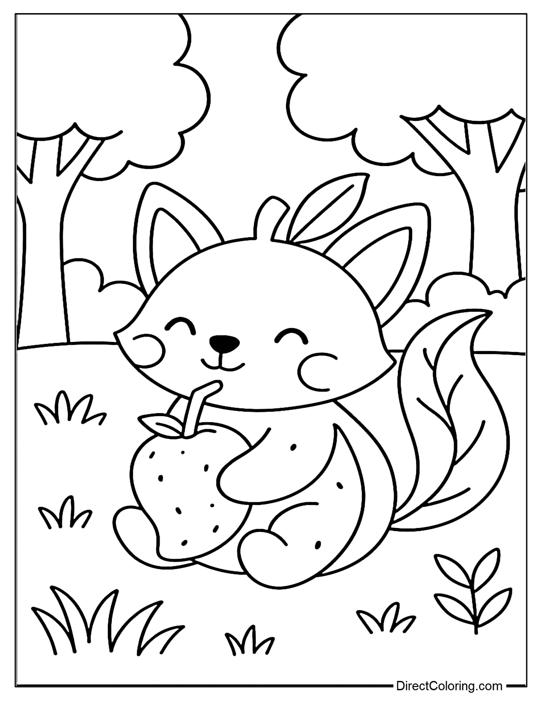 A small fox coloring page with a mango-shaped body, pointed ears, and a leafy tail. The background is a small forest.
