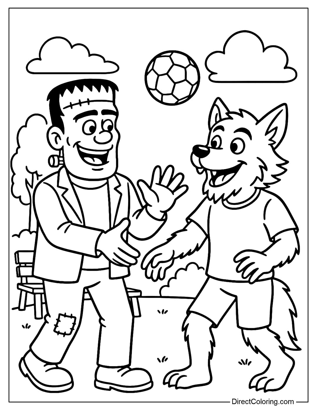 A Frankenstein coloring page playing ball with the Werewolf in the park.