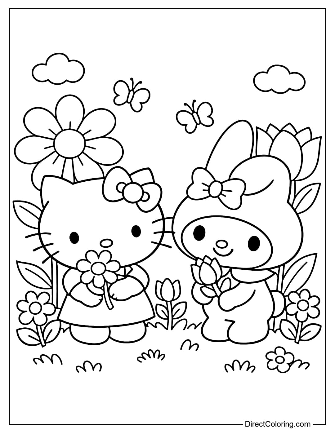 Hello Kitty and My Melody are holding flowers in a small garden with a few large flowers and simple leaves.