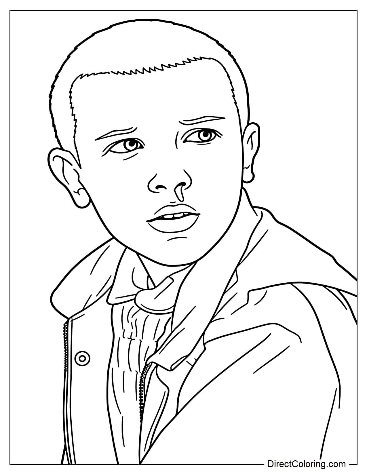 A young Eleven with her signature shaved head and layered jacket, looking alert and uncertain in a simple portrait inspired by her early Stranger Things appearance.