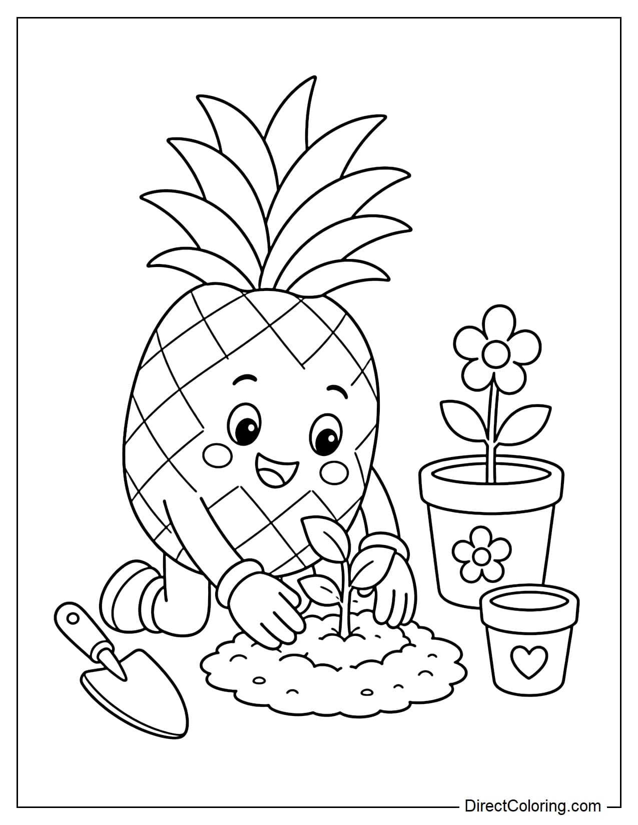 A pineapple is gardening in a small garden, with a mini shovel and a few simple flower pots.