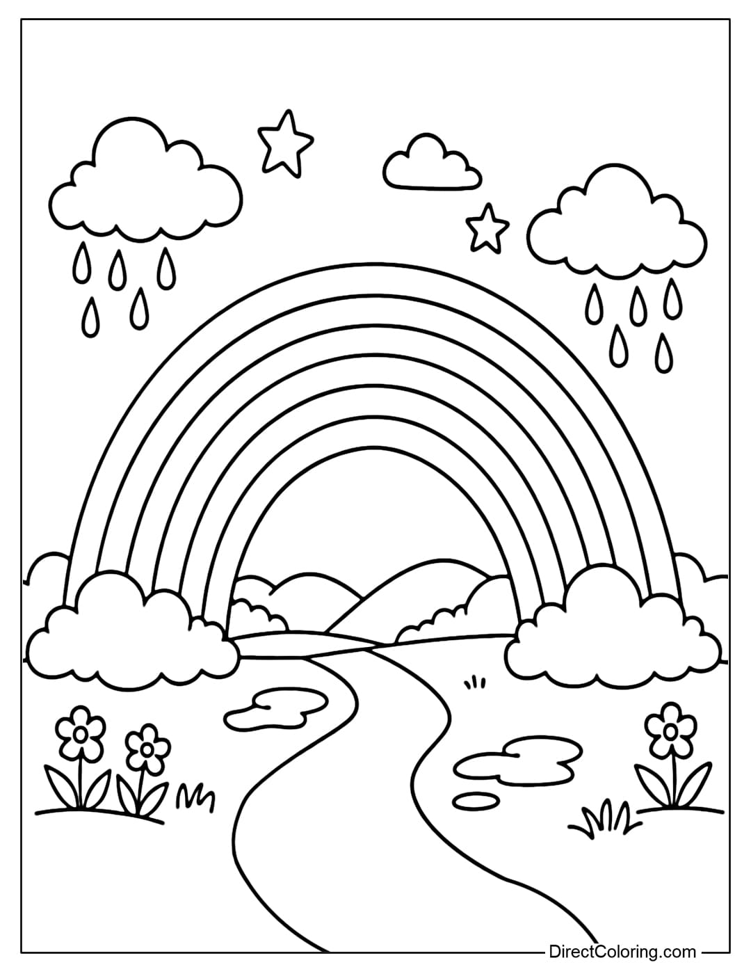 A coloring page of a large rainbow appearing after the rain, with clearly defined curved lines.