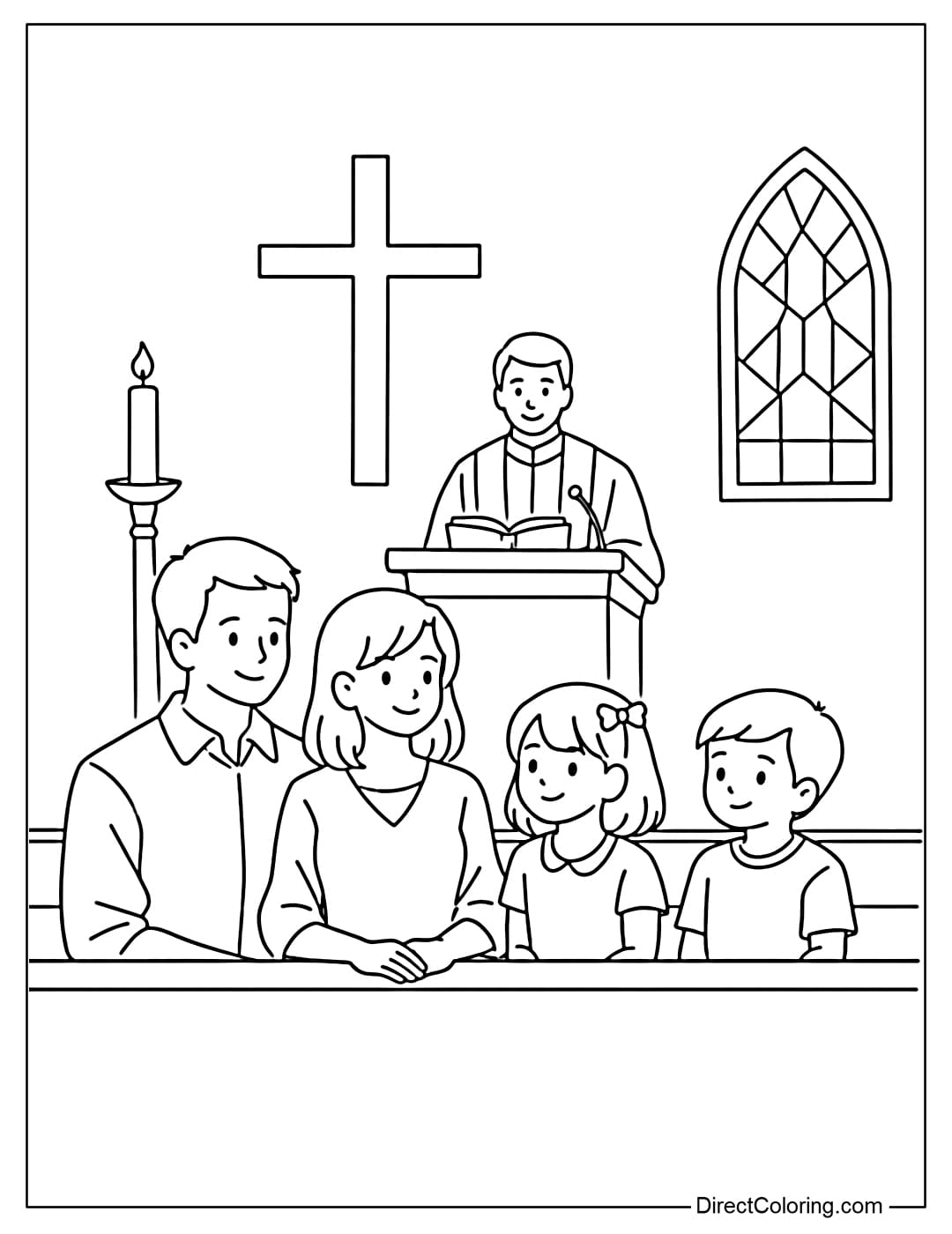 Coloring page of a family sitting together in church attending a service.
