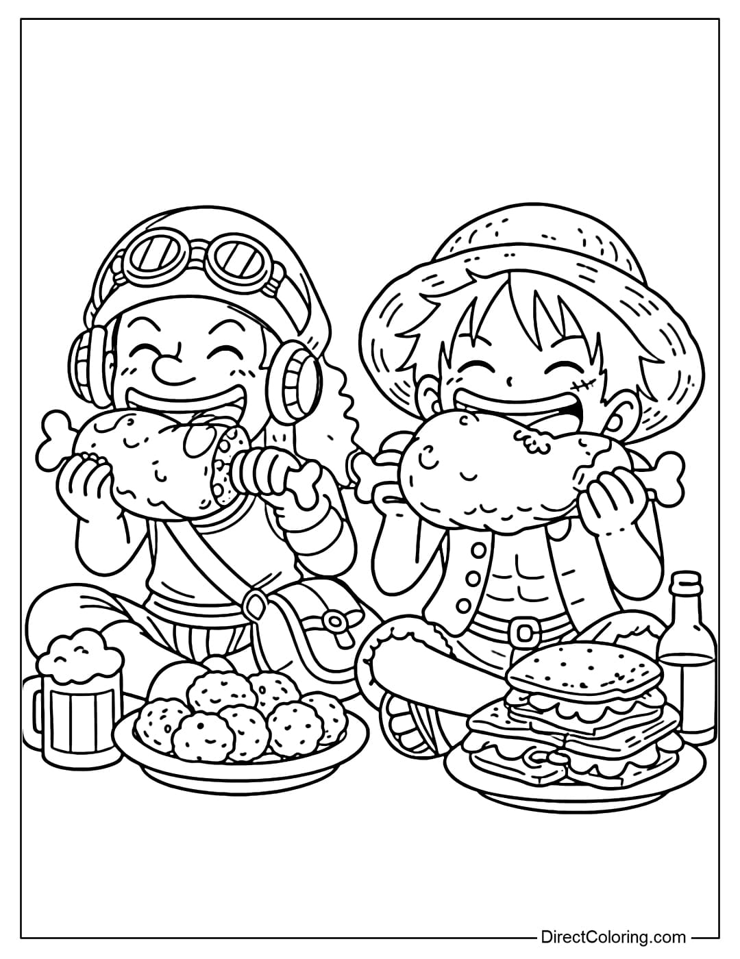 Luffy and Usopp are enjoying a food feast. Both are grinning widely and holding large chunks of meat, surrounded by plates of sandwiches, meatballs, and drinks.
