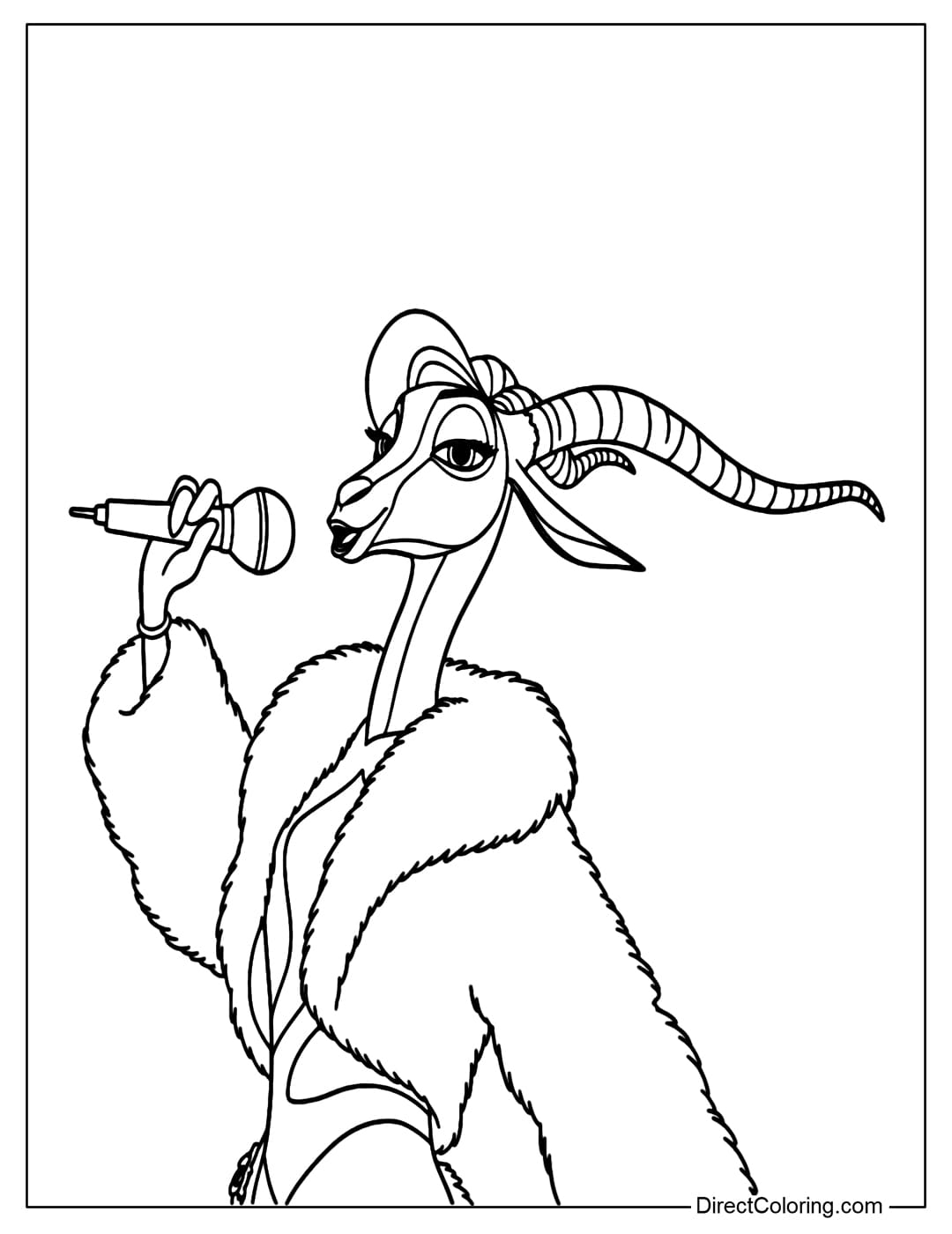 Coloring page of Gazelle holding a microphone, confidently standing, with captivating expressions and a striking fashion style.