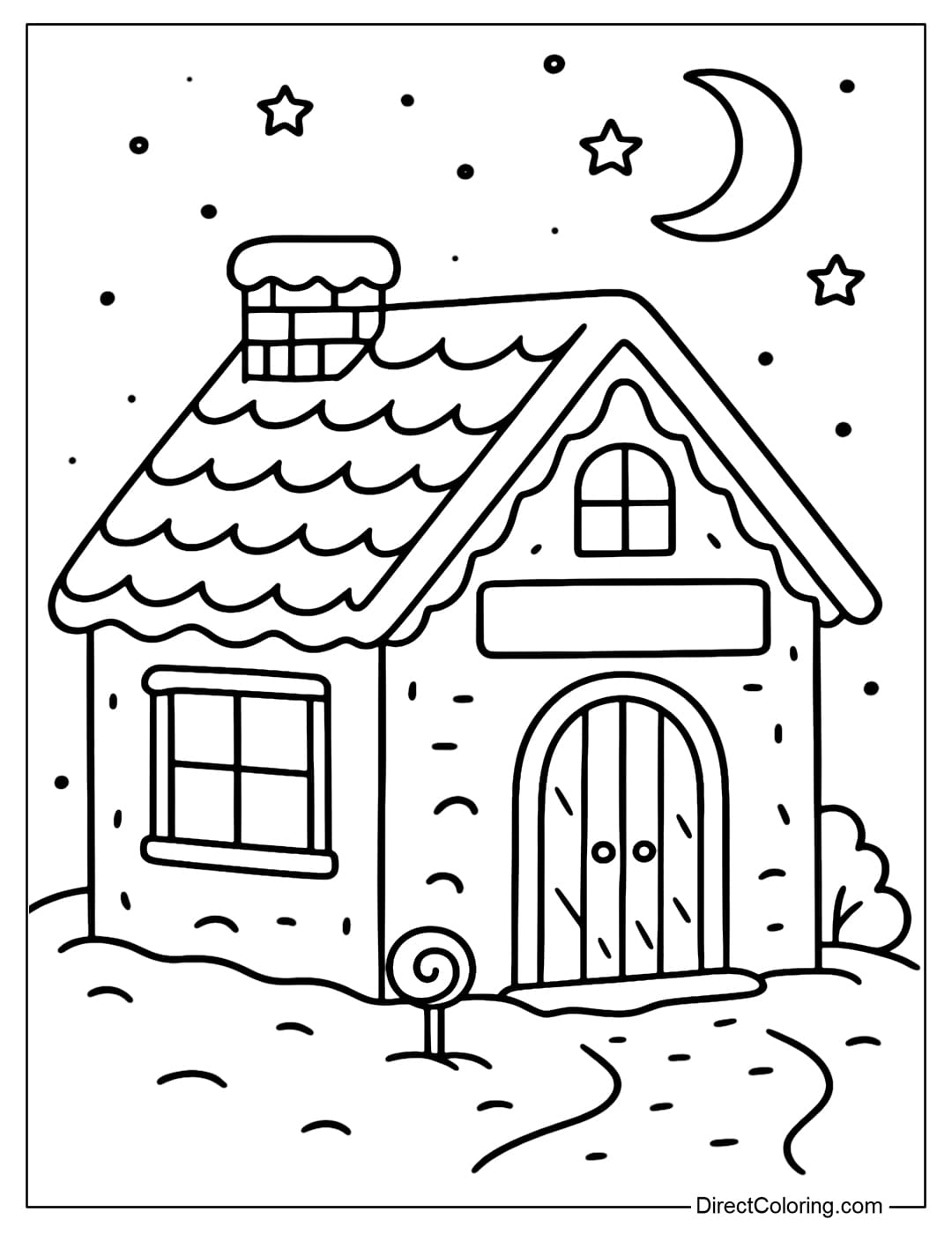 Gingerbread bakery coloring page lit up at night.