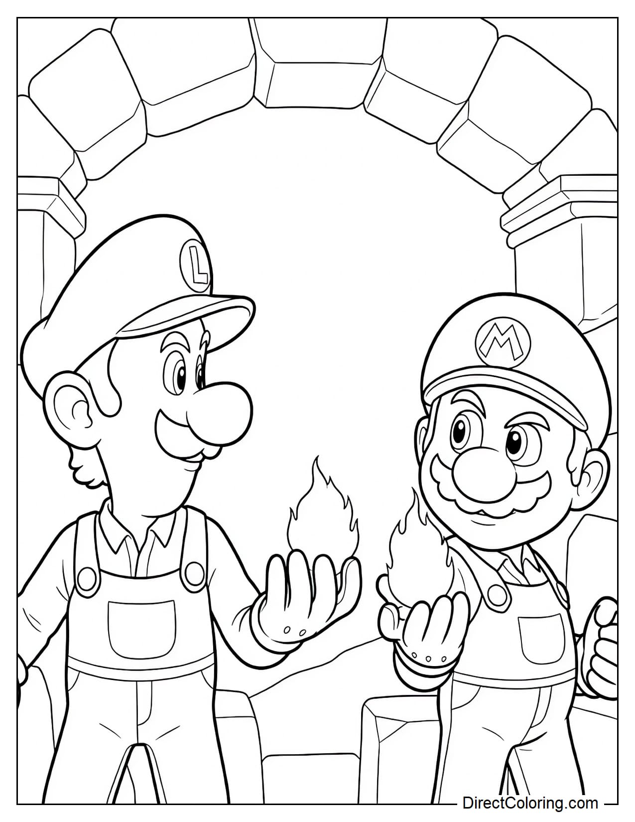 Mario and Luigi confidently look at each other, each holding a powerful blazing fireball in their hands, ready for battle.