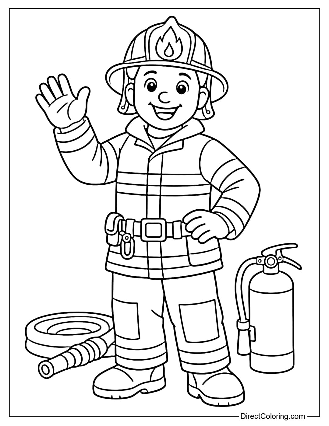 Friendly waving firefighter coloring page.