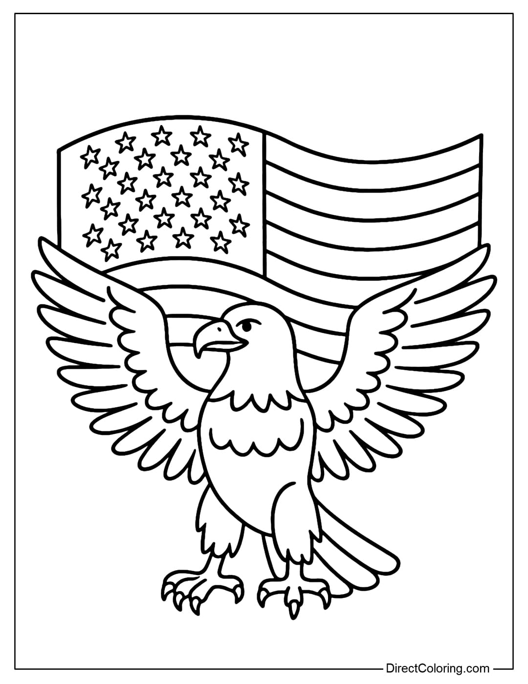 Coloring page of a bald eagle spreading its wings, with a wave-shaped American flag in the background.