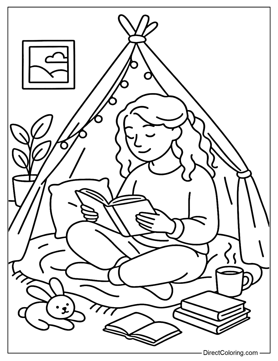Coloring Page A mature girl sitting alone reading a book in a warm private tent corner - sending the message that being alone is also a positive and pleasant thing.