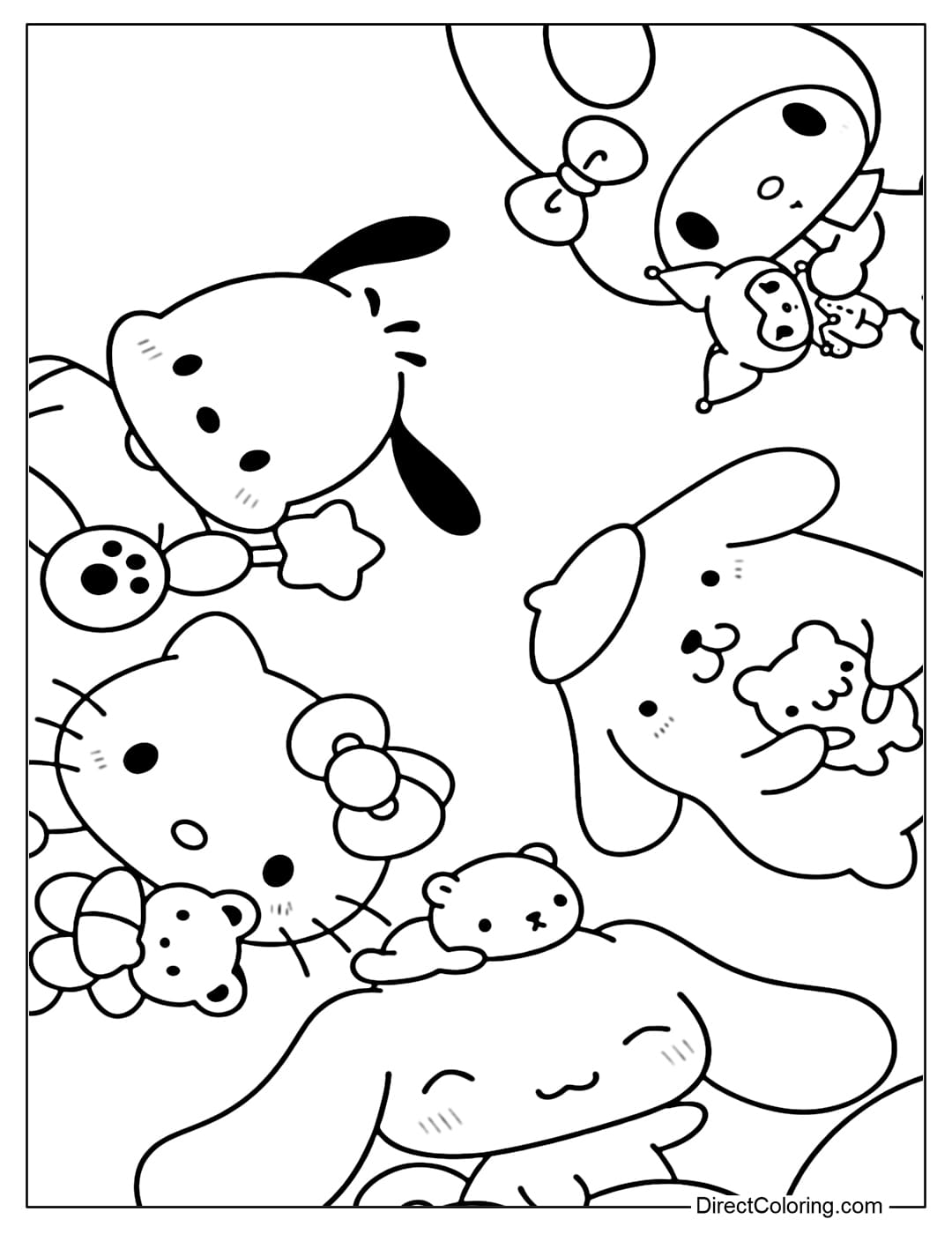 Coloring pages featuring Sanrio characters hugging plushies, drifting off to sleep together.