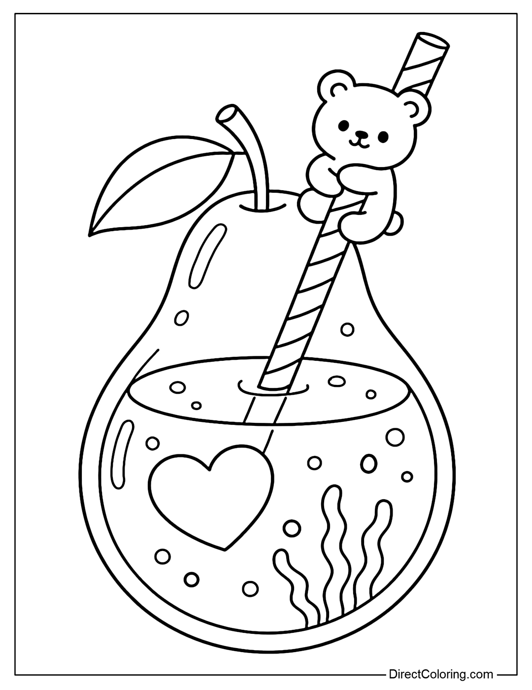 Coloring page of a whole pear transparent, the water has a floating heart and small bubbles