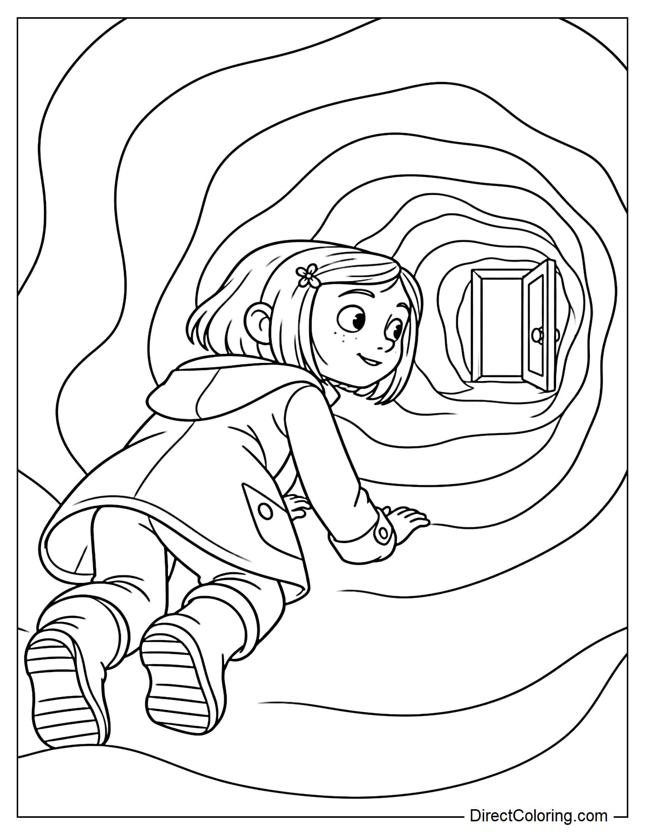 Coraline crawls on her hands and knees through a long tunnel toward a tiny open door at the far end.