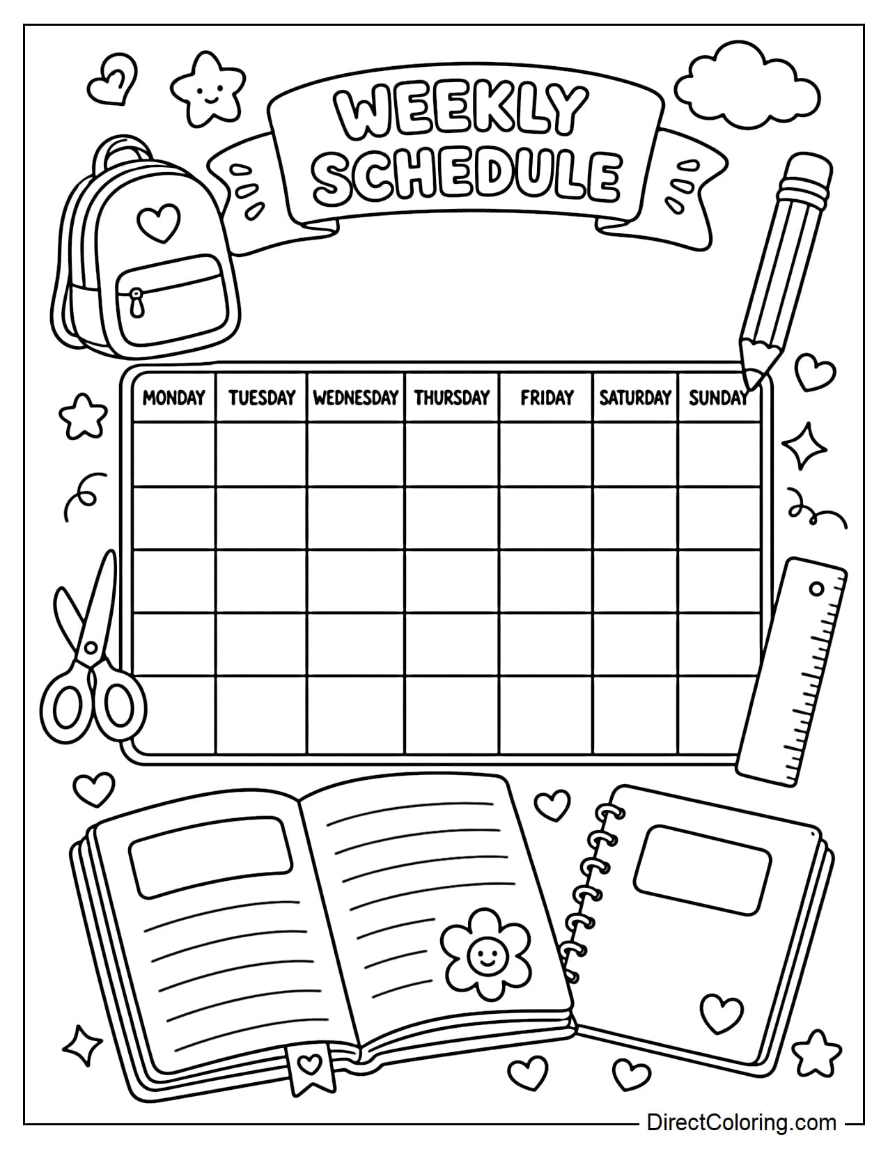 A weekly schedule with backpacks, craft scissors, rulers, pencils, and large notebooks arranged around a schedule from Monday to Sunday.