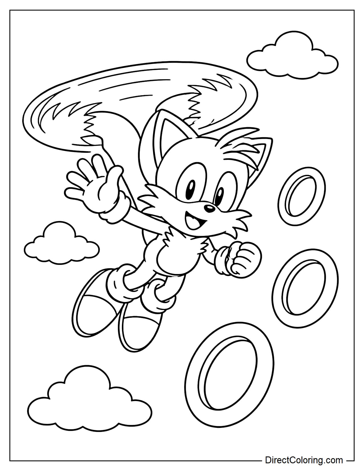 Tails is flying with his two tails spinning, a happy face, surrounded by large gold rings and clouds.