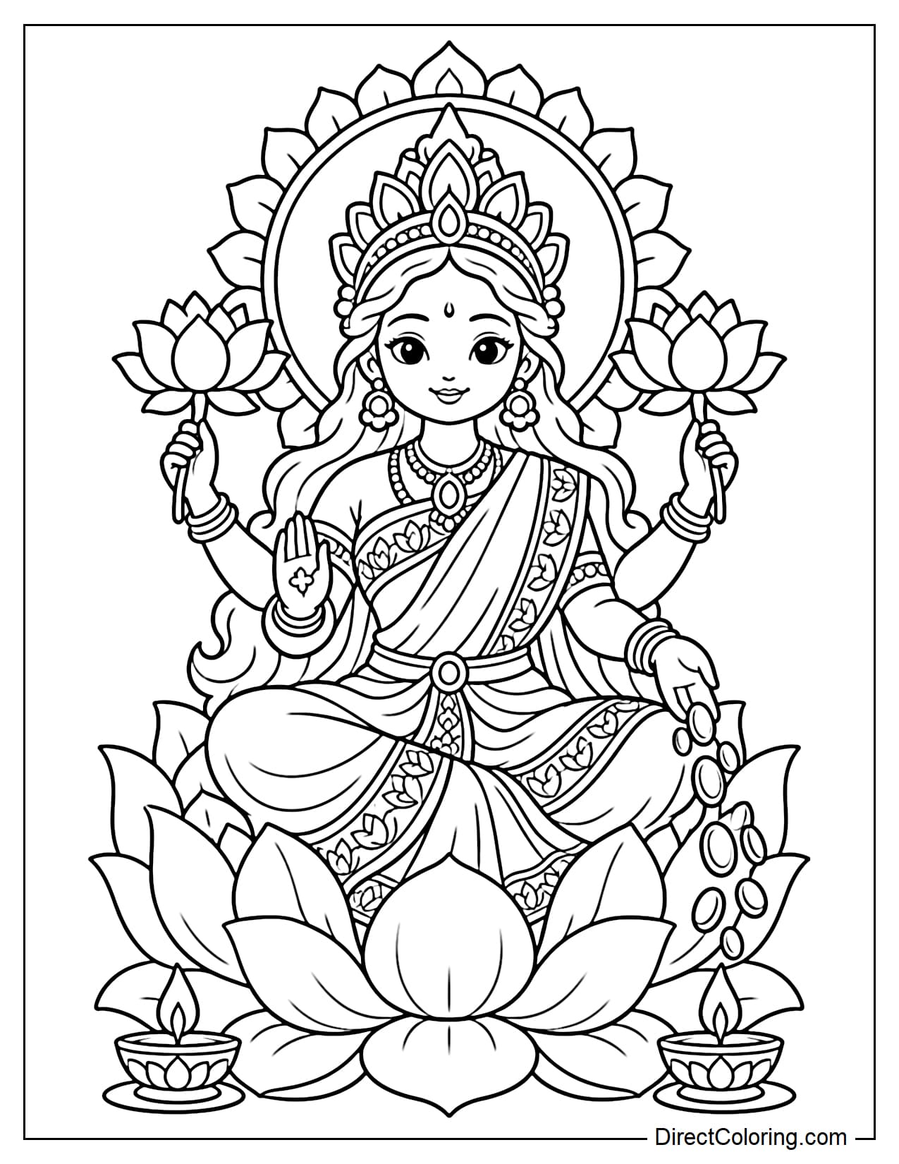 Goddess Lakshmi wears a sari and crown while sitting on a large two-layered lotus. Her four hands hold two lotus flowers, offer a blessing, and release coins. A halo glows behind her, with diya lamps on both sides.