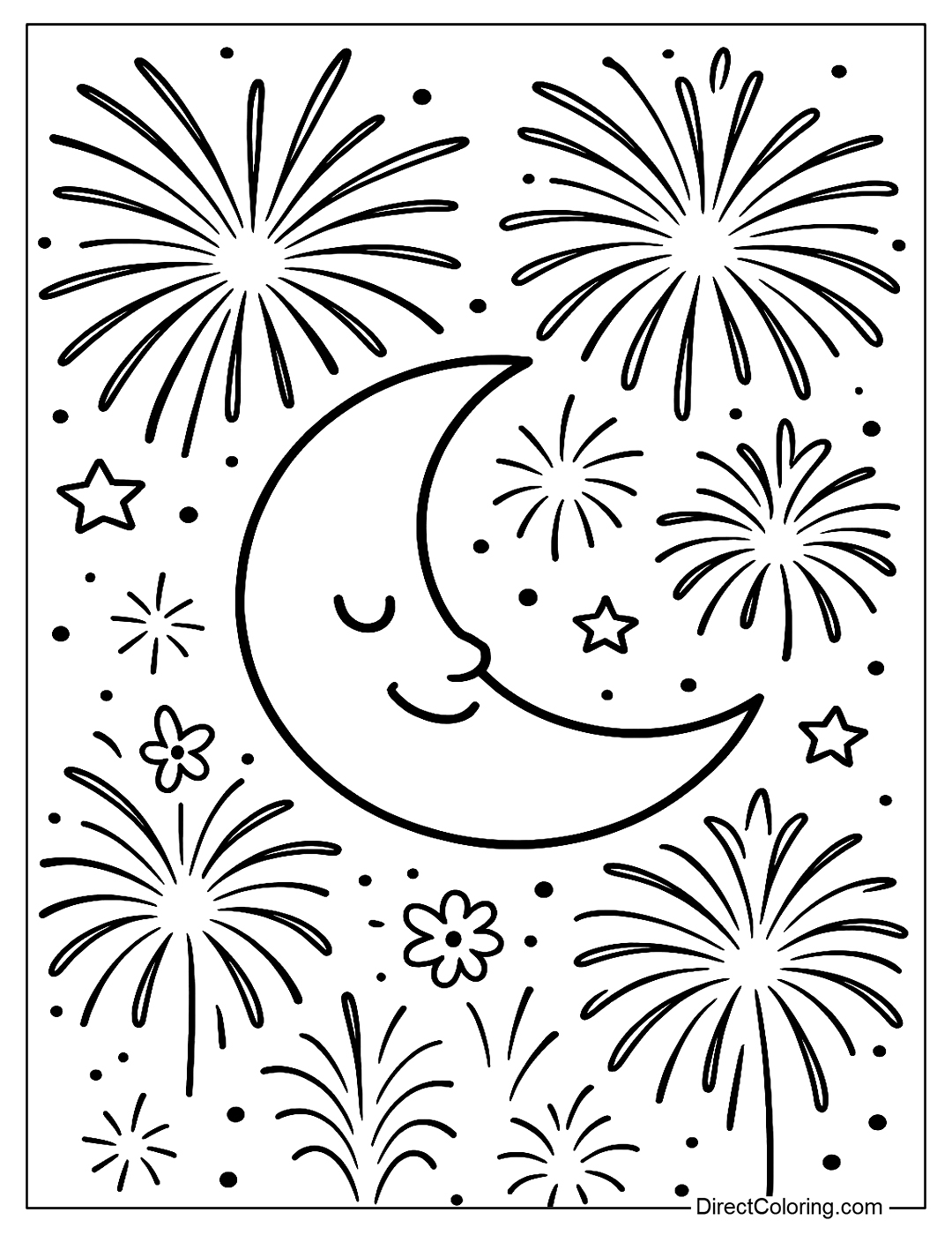 Coloring page of a smiling crescent moon in the sky full of fireworks.