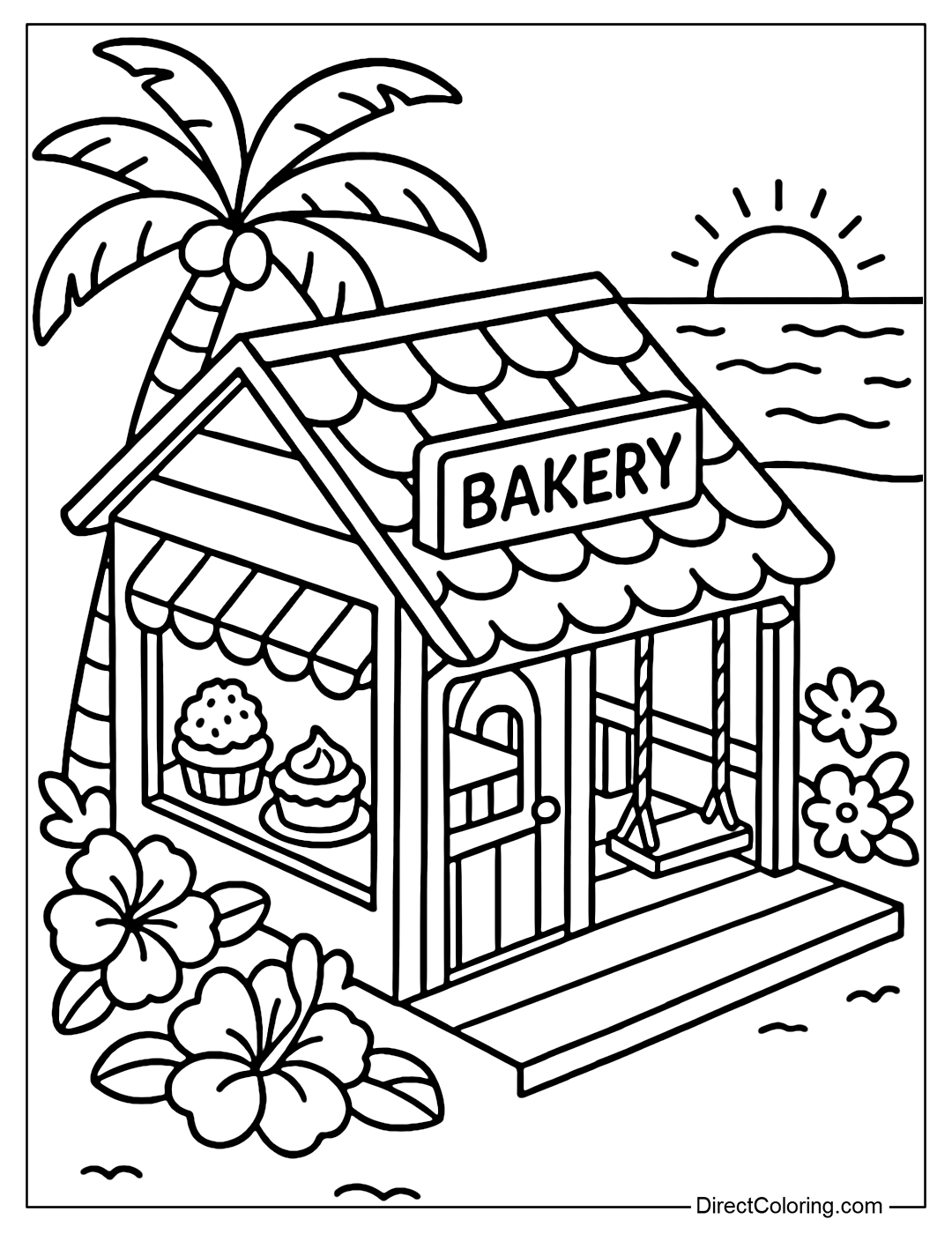 Seaside bakery coloring page bird's-eye view, coconut tree, tropical flowers, swing on porch; in the glass window coconut cake, lemon tart.