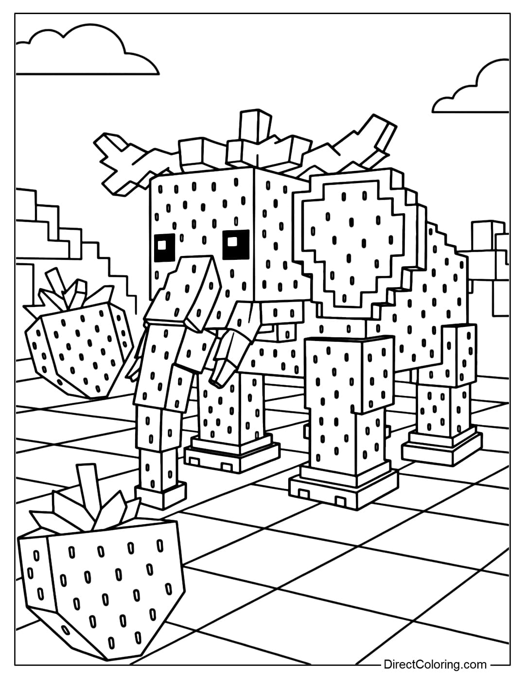 Strawberry Elephant Coloring Page standing in a LEGO field, the ground is large bricks, there are lego strawberries.
