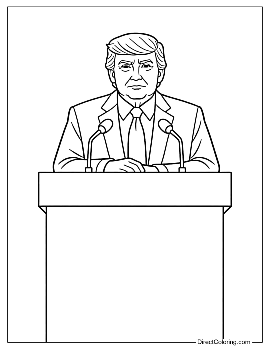 A coloring page of Donald Trump standing behind a simple, large rectangular podium.