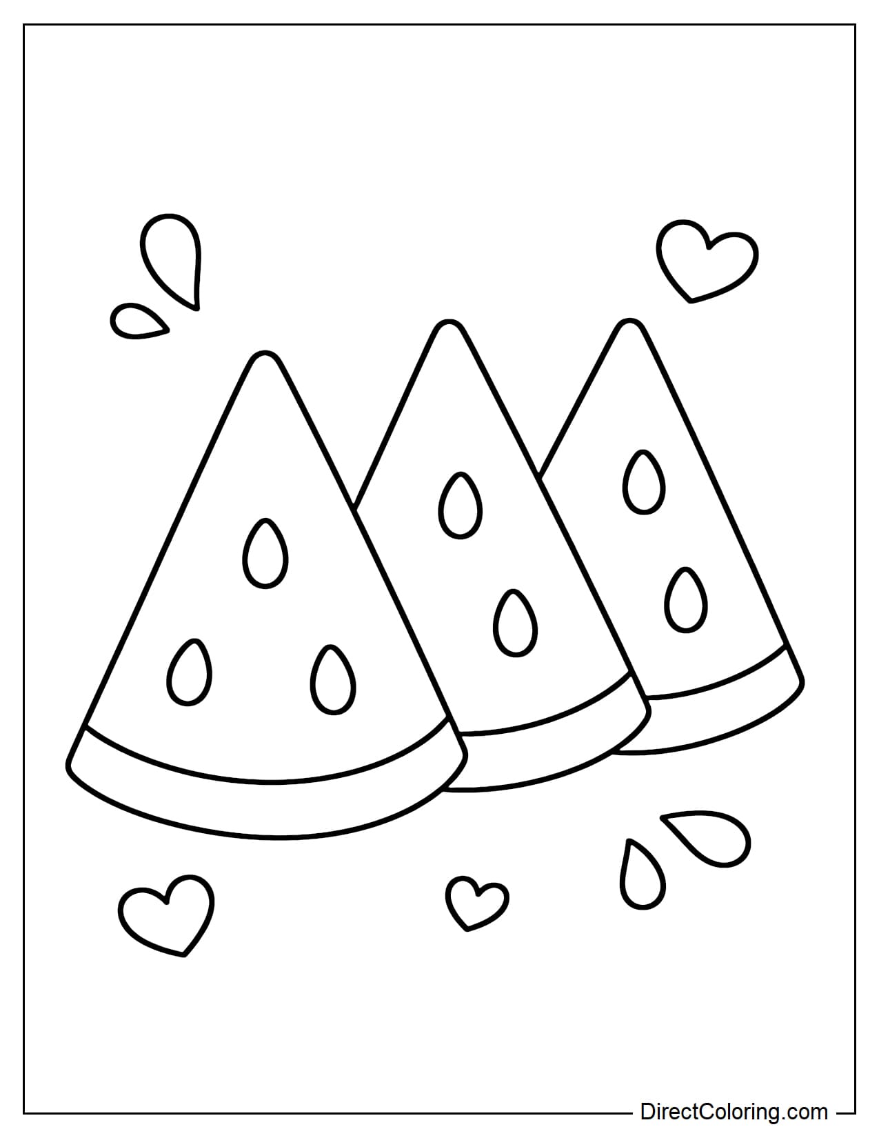 Three large watermelon slices arranged side by side with the rind and flesh clearly separated, the seeds drawn large and few.