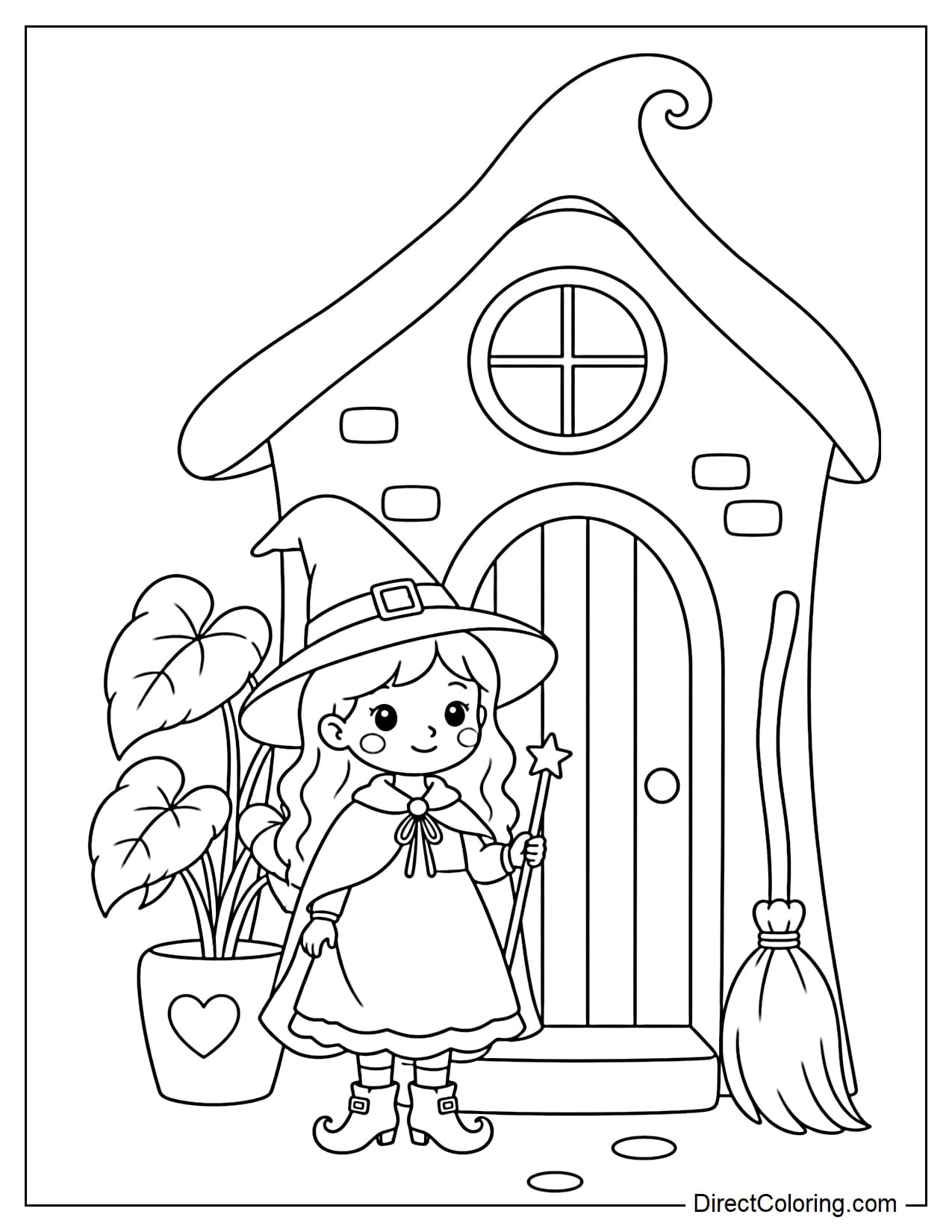 A witch is standing in the doorway of her cozy little cottage, with a large leafy potted plant beside the door, a broom leaning against the wall, and a simple round window nearby.