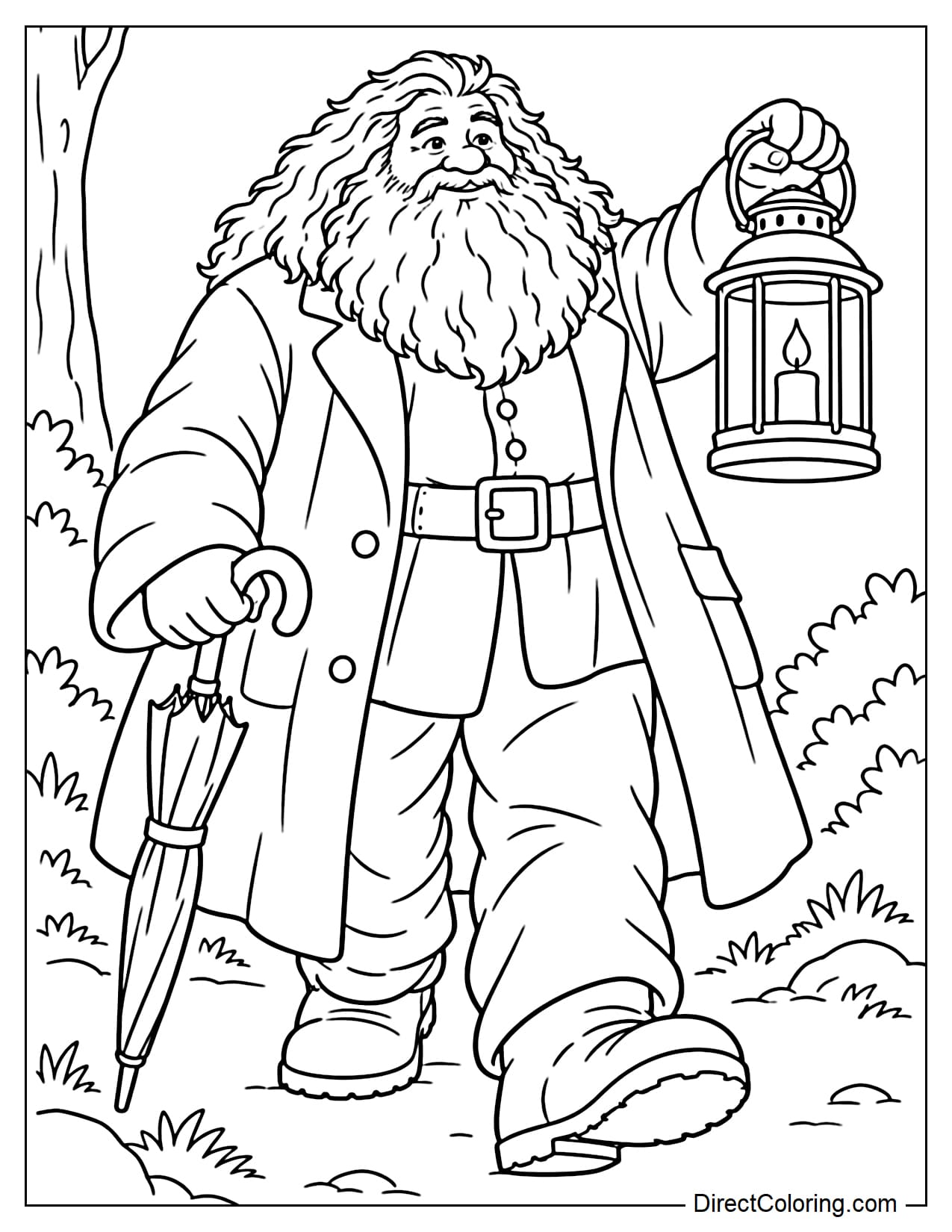Hagrid, with his distinctive large beard, is walking while holding a large lantern in one hand and his magical umbrella in the other, with a few bushes beside him.