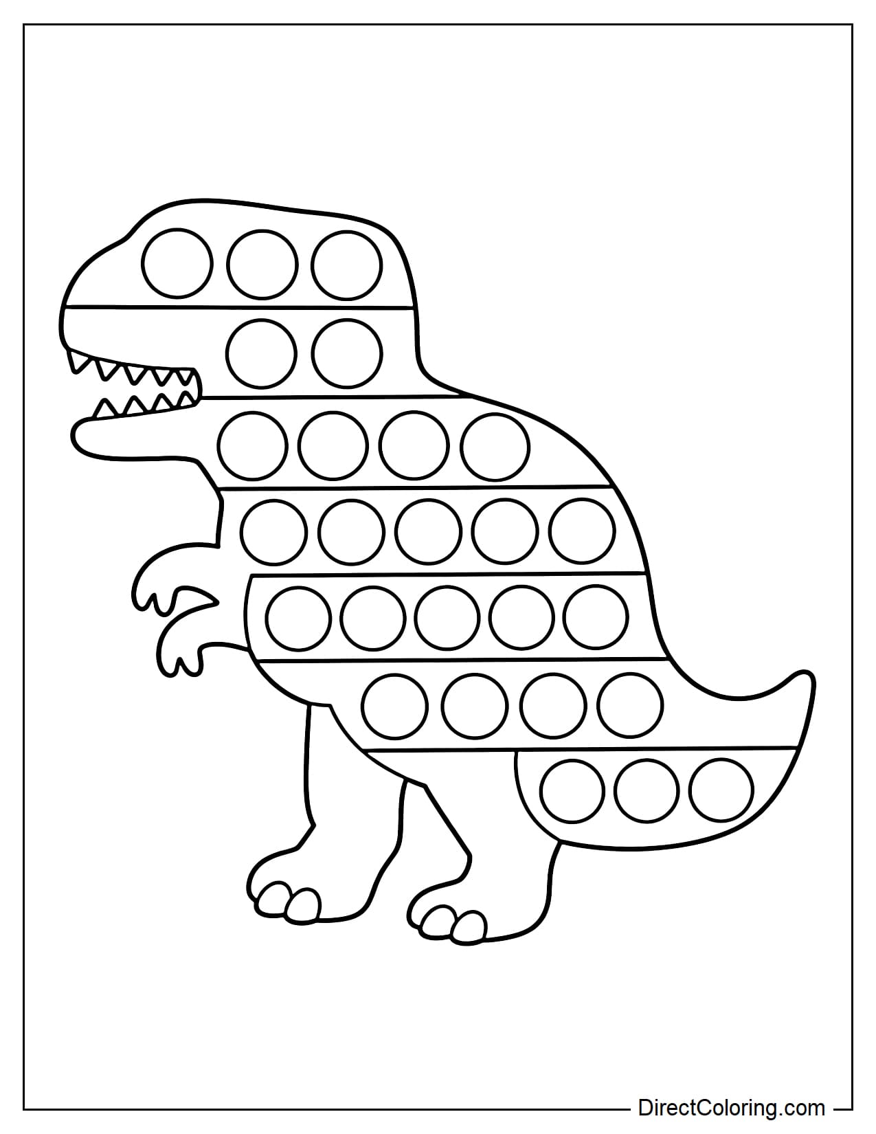 A dinosaur-shaped pop-it viewed from the side with a long body and slightly curved tail, round bubbles evenly distributed along its body.