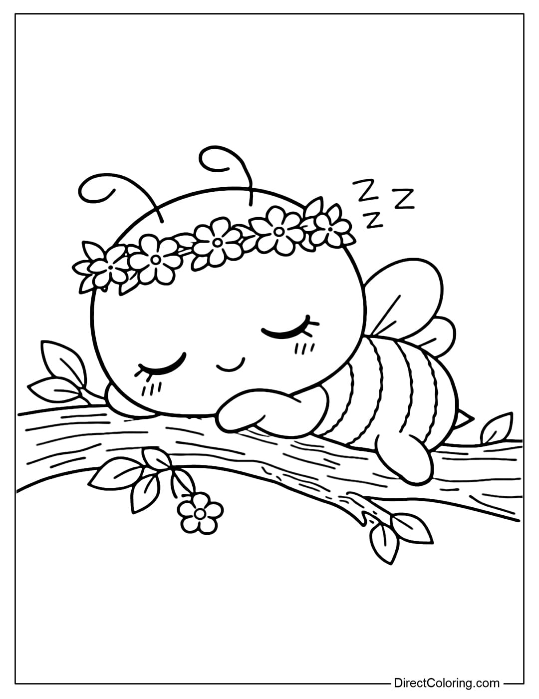 A coloring page of a chibi bee wearing a small flower crown and sleeping soundly on a branch.