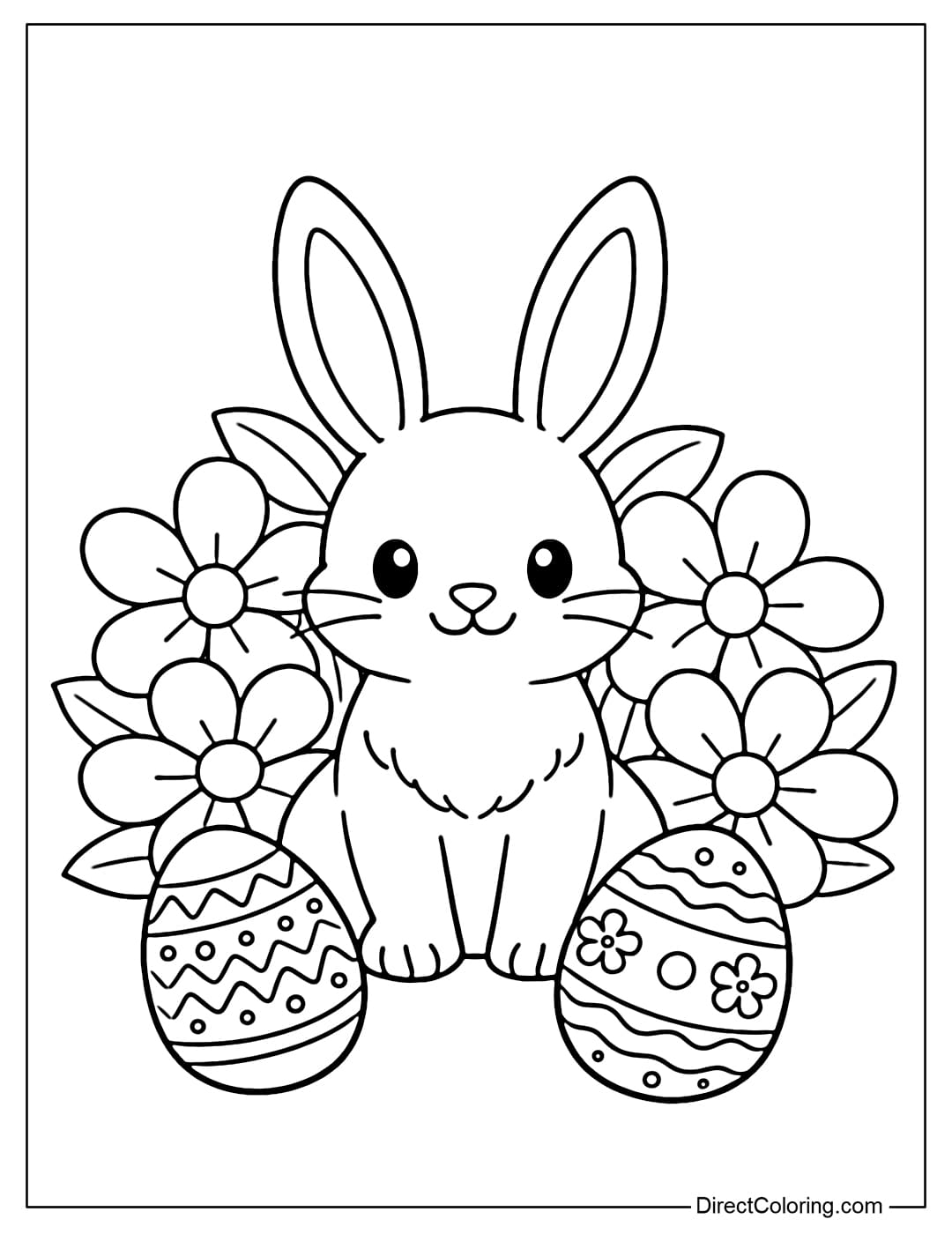 This coloring page shows an Easter bunny sitting amidst large spring flowers, with two decorated eggs in front.
