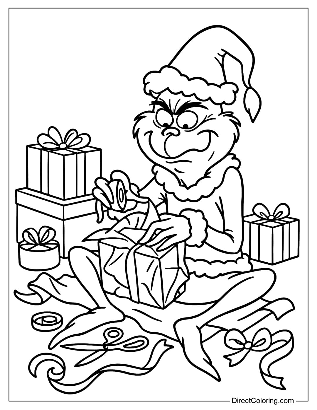 A Grinch coloring page where he sits amidst wrapping paper, tape, and scissors, trying to wrap a crumpled gift box.