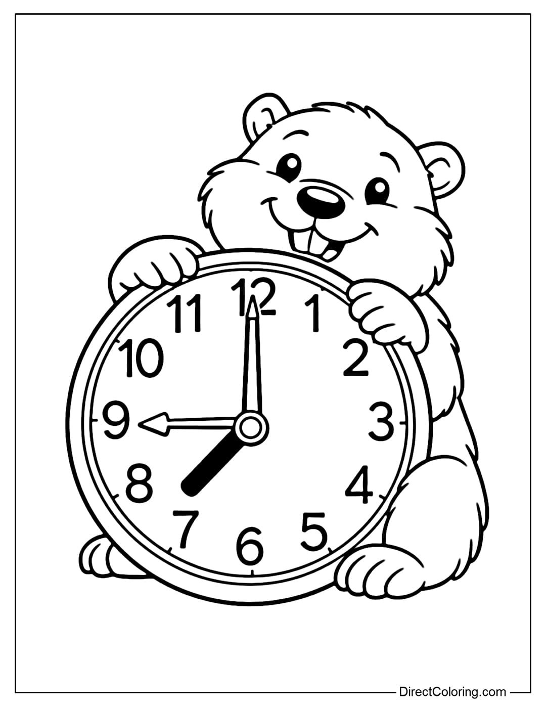 A coloring page of a groundhog holding a large round clock, symbolizing time and waiting.
