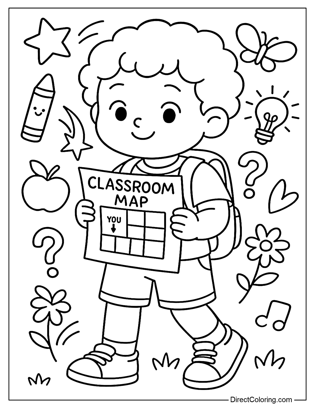Coloring page of a child holding a classroom map, finding a new seat, surrounded by interesting symbols.
