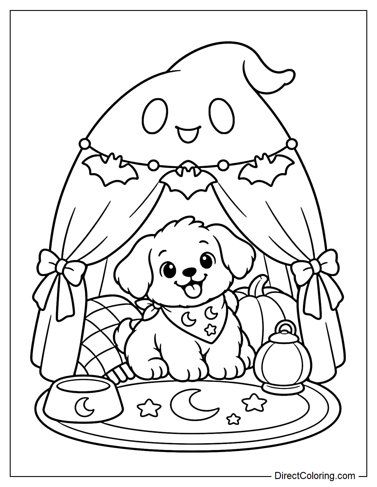 A small puppy sits snugly inside a miniature ghost-shaped tent, surrounded by a pumpkin pillow, a neatly folded blanket, a tiny pumpkin night light, and a small bowl beside it.