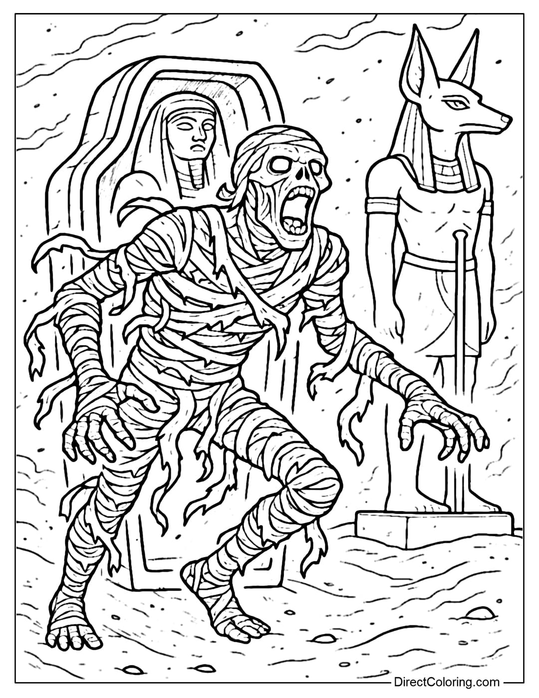 A mummy coloring page wrapped in tattered bandages, crawling out of an ancient Egyptian coffin, with flying sand, the statue of Anubis.