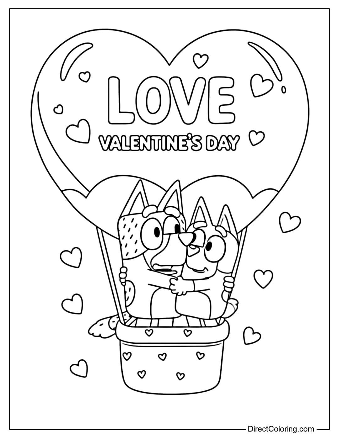 Bluey and Bingo are pictured together in a large heart-shaped hot air balloon basket. Above them is a balloon with the words LOVE Valentine's Day written on it.