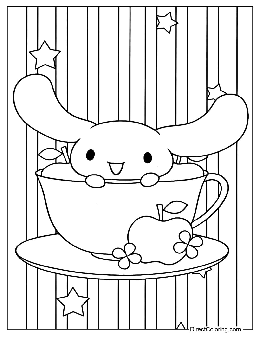 An adorable Cinnamoroll coloring page featuring her head peeking out of a polka-dot teacup, complete with a saucer, apple, and stars.