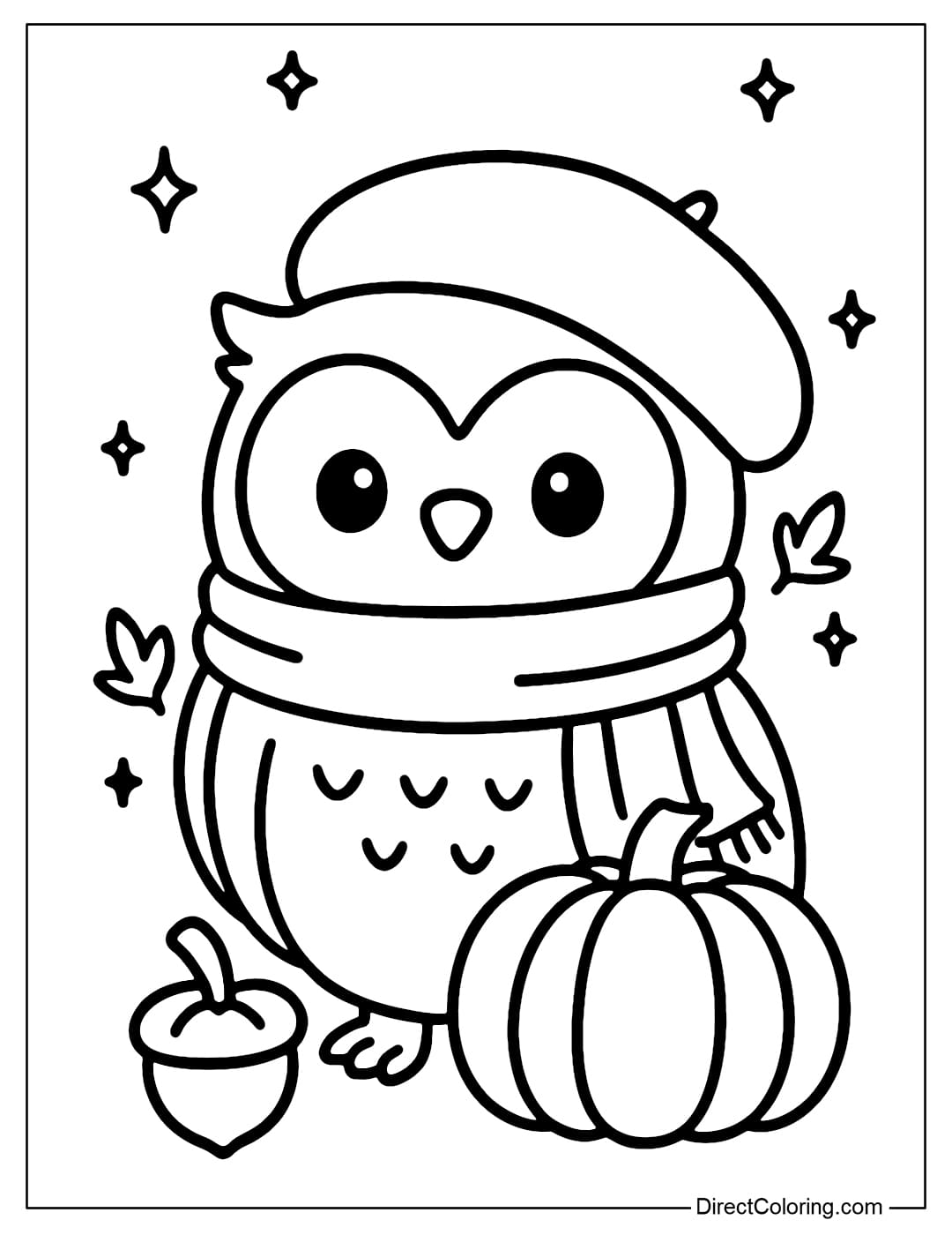Owl and Pumpkin Coloring Page Coloring page of an owl wearing a scarf, sitting next to a pumpkin, decorated with small stars.