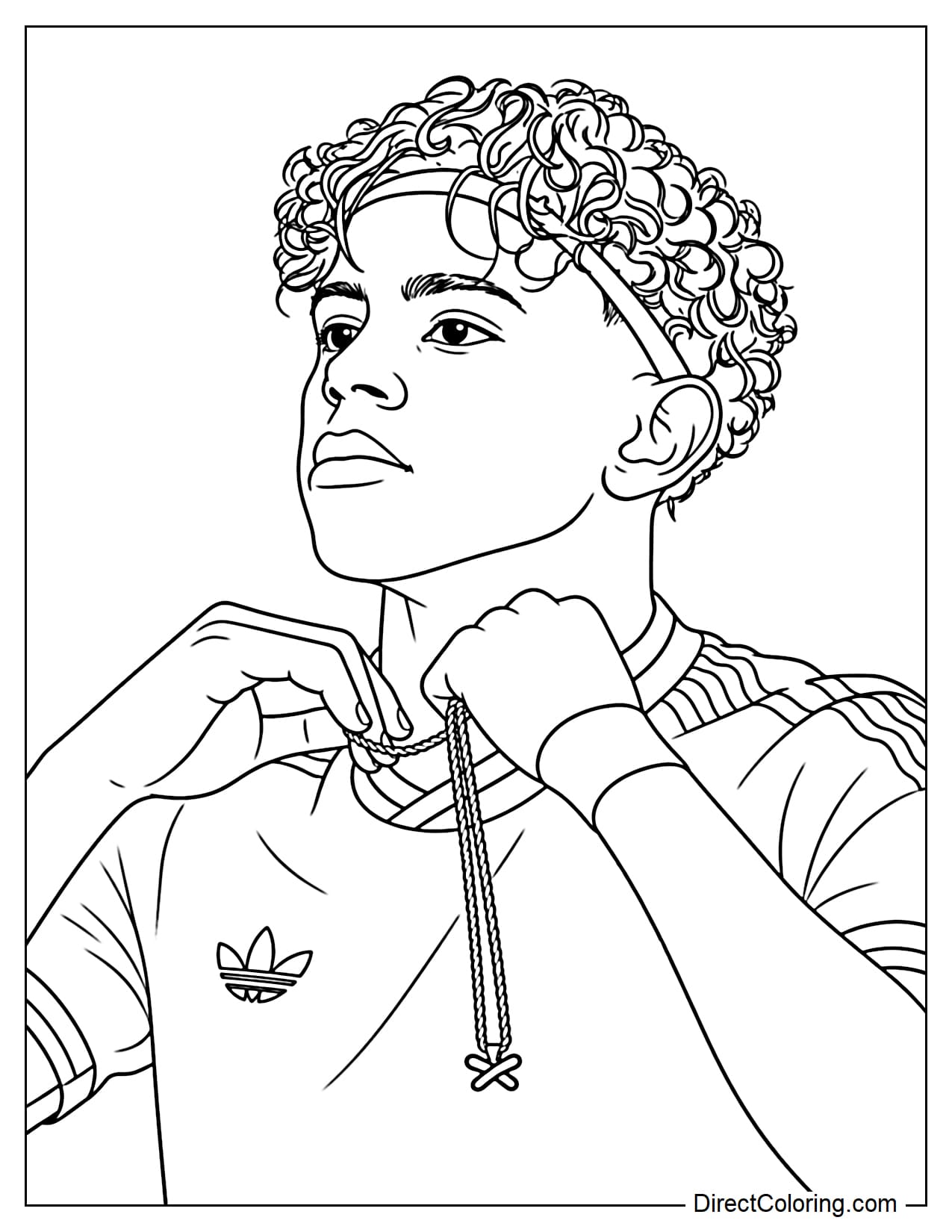 Lamine Yamal is adjusting his necklace with both hands, his face serious, his striking curly hair and thin headband.