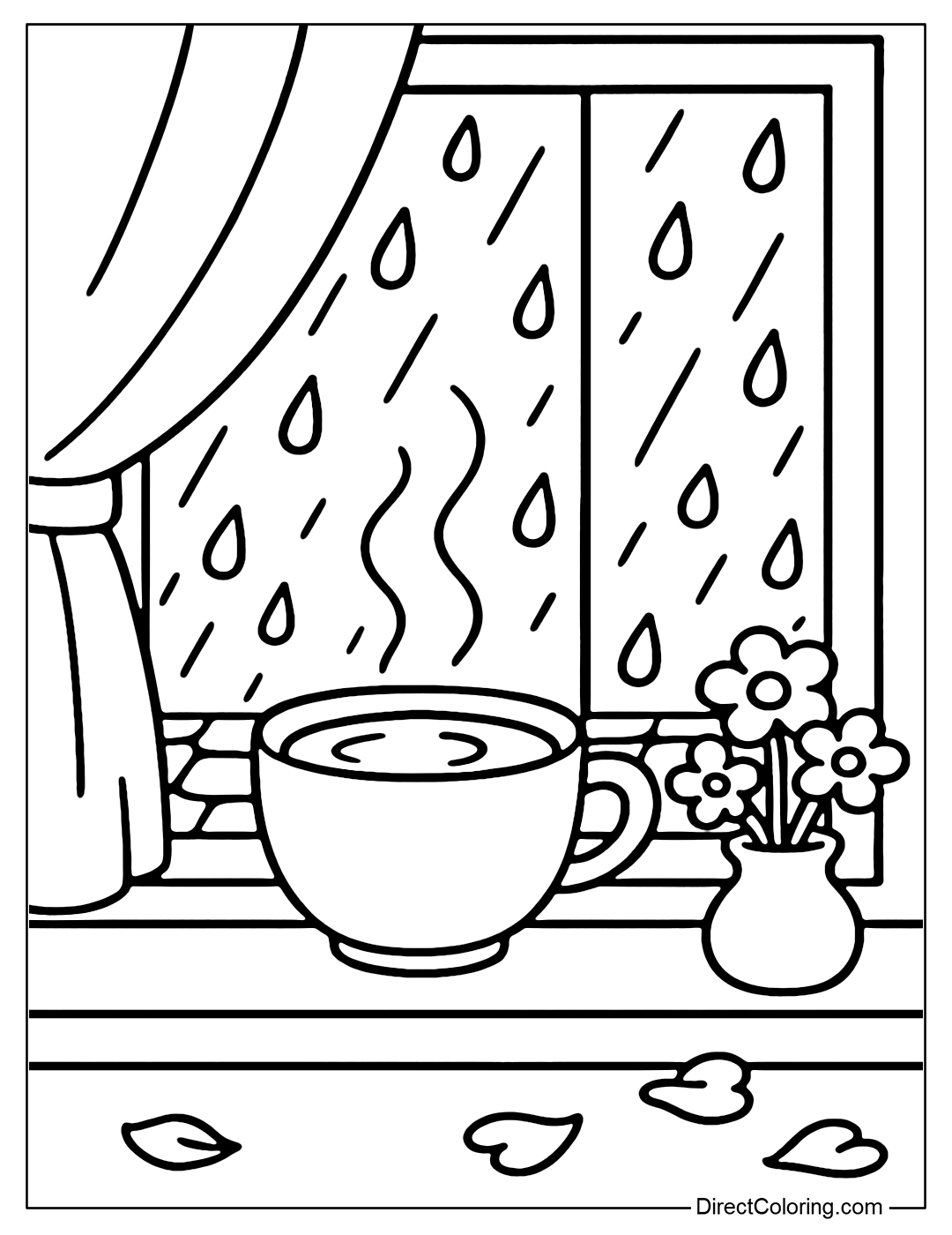 A small teacup coloring page placed on the windowsill with a small vase of flowers, the warm tea aroma spreading in the air.