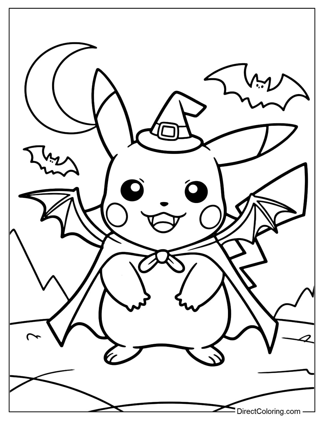 Pikachu coloring page transformed into a small vampire, with fangs, a bat-winged cloak, and a small hat.
