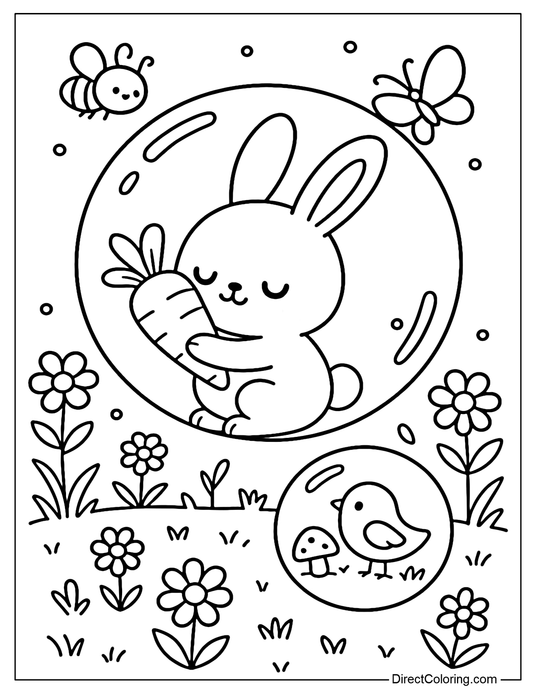 A large soap bubble coloring page containing a baby rabbit holding a carrot. Outside the bubble is a field of flowers, bees and butterflies flying.