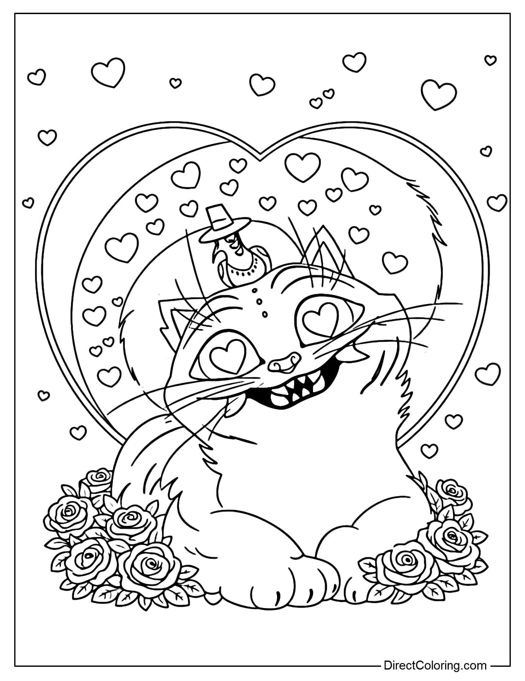 A coloring page featuring Tiger Derpy with heart-shaped eyes and Bird Sussie nestled in a large heart-shaped frame surrounded by roses.