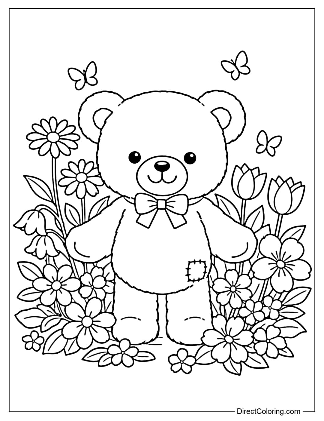 A coloring page featuring a teddy bear standing among spring flowers.