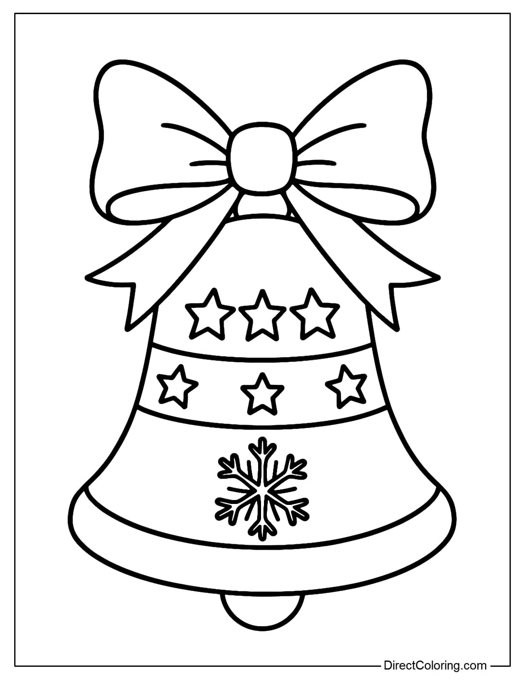 A Christmas bell coloring page with a bow and a star. The bell has a star border, a large bow on top, and a snowflake at the bottom.