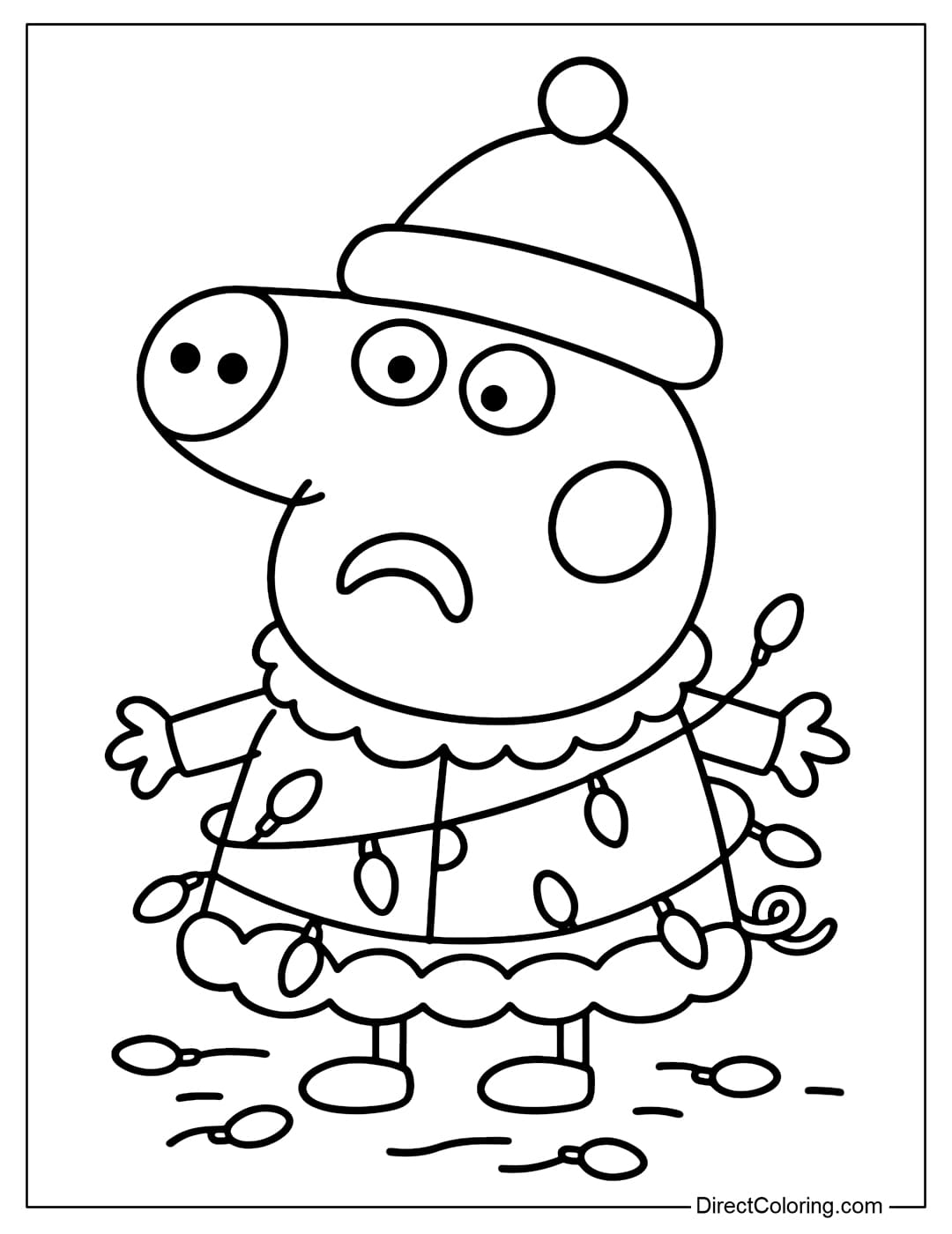 Coloring page Peppa Pig wearing a round Santa suit with a big Santa hat and a soft-lined fur coat, wrapped around her body by Christmas lights.