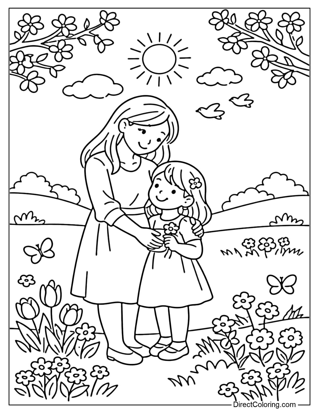 Coloring page of a mother and child standing amidst a spring scene with flowers and plants.