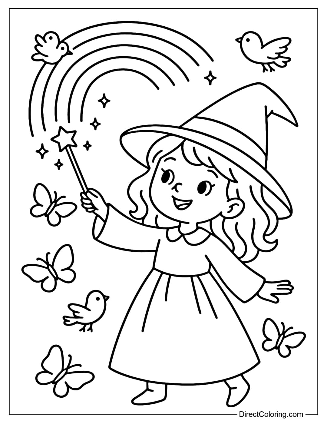 A coloring page of a witch waving her wand to create a magical rainbow, surrounded by a few butterflies and small birds.